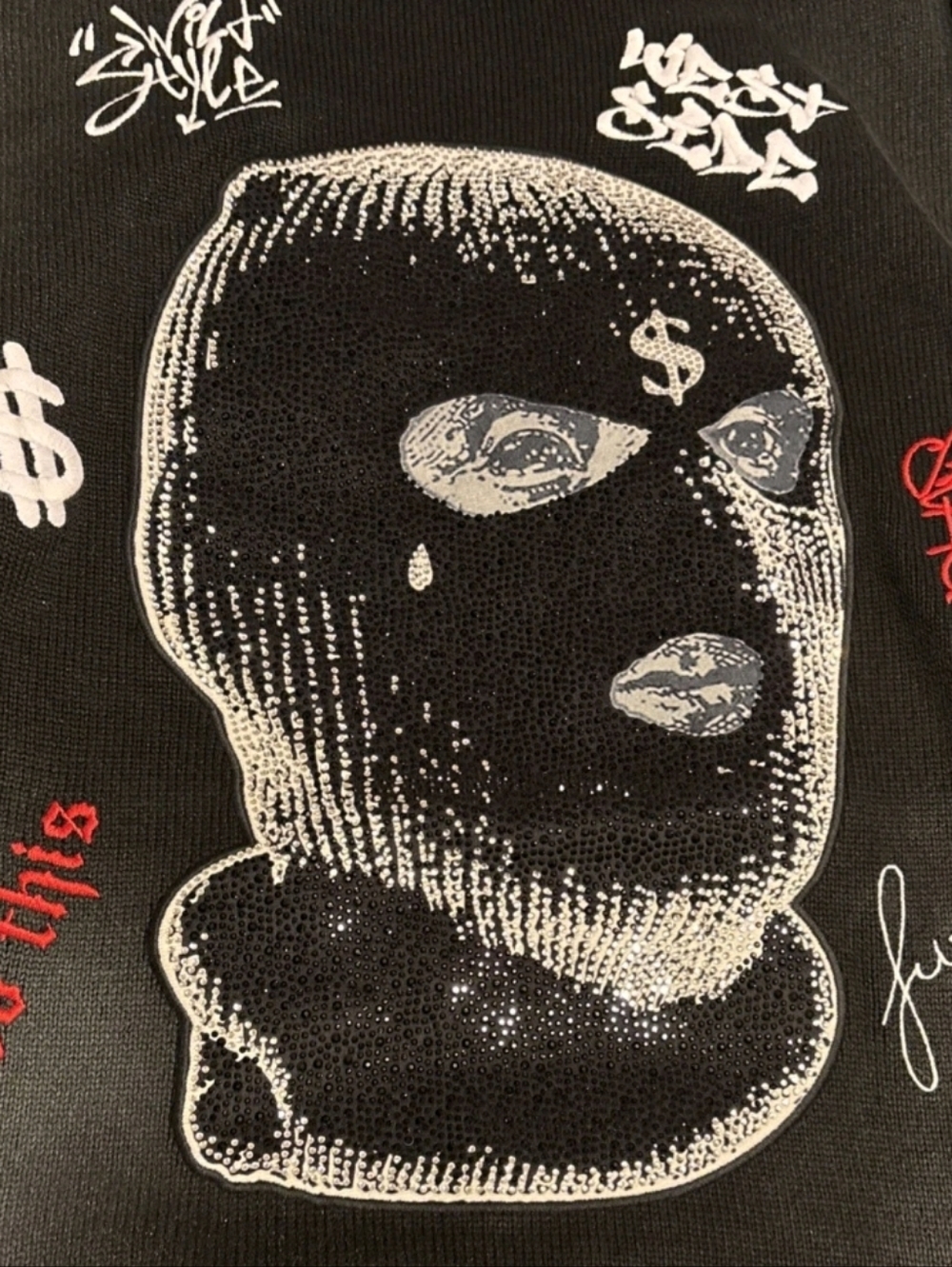 LEFT POINT Black Graphic Crewneck Sweater with Ski Mask Motif